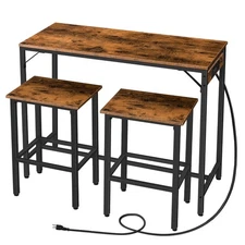 Bar Table and Chairs Set, 39.4" Dining Table Set with Power Outlet, 3-Piece P...