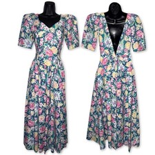 RARE Vintage 80s Open Back Puff Sleeve Floral Maxi Dress Coquette Cottagecore