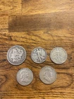US silver coins 1 morgan dollar, 2 mercury 1/2 dollars ,2 franklin 1/2 dollars