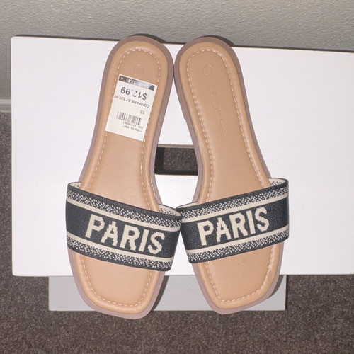 Wild Diva Lounge Women’s Slide Sandals Black/Beige PARIS Logo Slip On 10