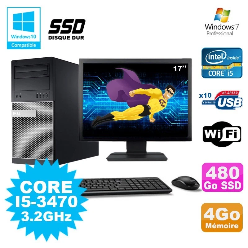 Lot PC Tour Dell 790 I5-3470 3.2Ghz 4Go 480Go SSD DVD WIFI Win 7 + Ecran 17" - Photo 1/1