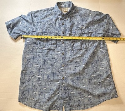 LL Bean Men's Large Fishing Tropicwear Shirt Short Sleeve Vented Trees Fish Hut