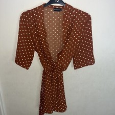 Pretty Little Thing Brown White Polka Dot Short Sleeve Belted Dress UK10