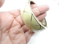 Cream Enamel Gold Tone Metal Hinged Bangle Bracelet Vintage