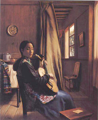 Oil painting nice Chinese playing Girl-with-Stringed-Instrument canvas