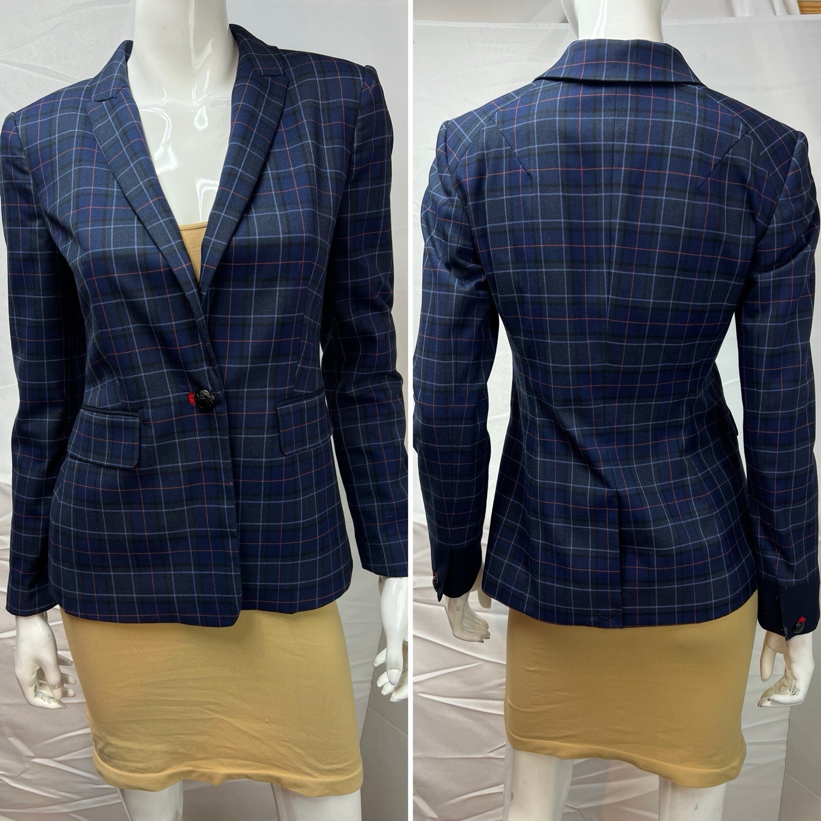 FILA Giacca blazer Court & Rowe donna 0 blu navy a quadri rosso elasticizzato Anthropologie