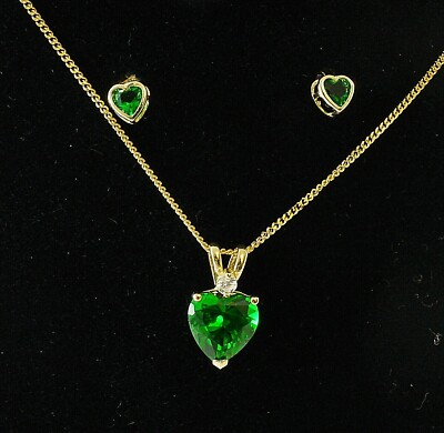585 Gelbgold SET Kette mit Ohrsteckern 14 Karat Gold HERZ Zirkonia smaragd