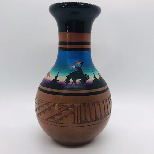 Navajo Native American Vase Etched and Hand Painted Signed