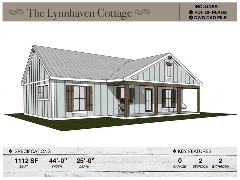 1,112 SQ FT Cabin, 44'-0" X 25'-0", Floor Plans, Architectural Plans, House Plan - Image 3 of 4