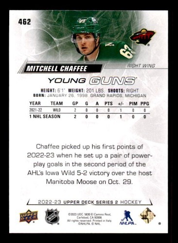 2022-23 Upper Deck #462 Mitchell Chaffee Young Guns Rookie - Picture 2 of 2