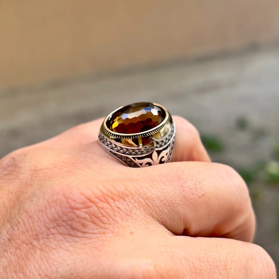 男式烟熏石英戒指 925 纯银土耳其珠宝尺寸 7-15 — 第 4/4 张图片