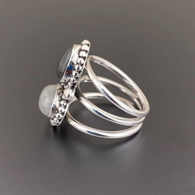 925 Argento Sterling Handmade Donna Anello Pietra di Luna & Labradorite Pietra - Immagine 4 di 4