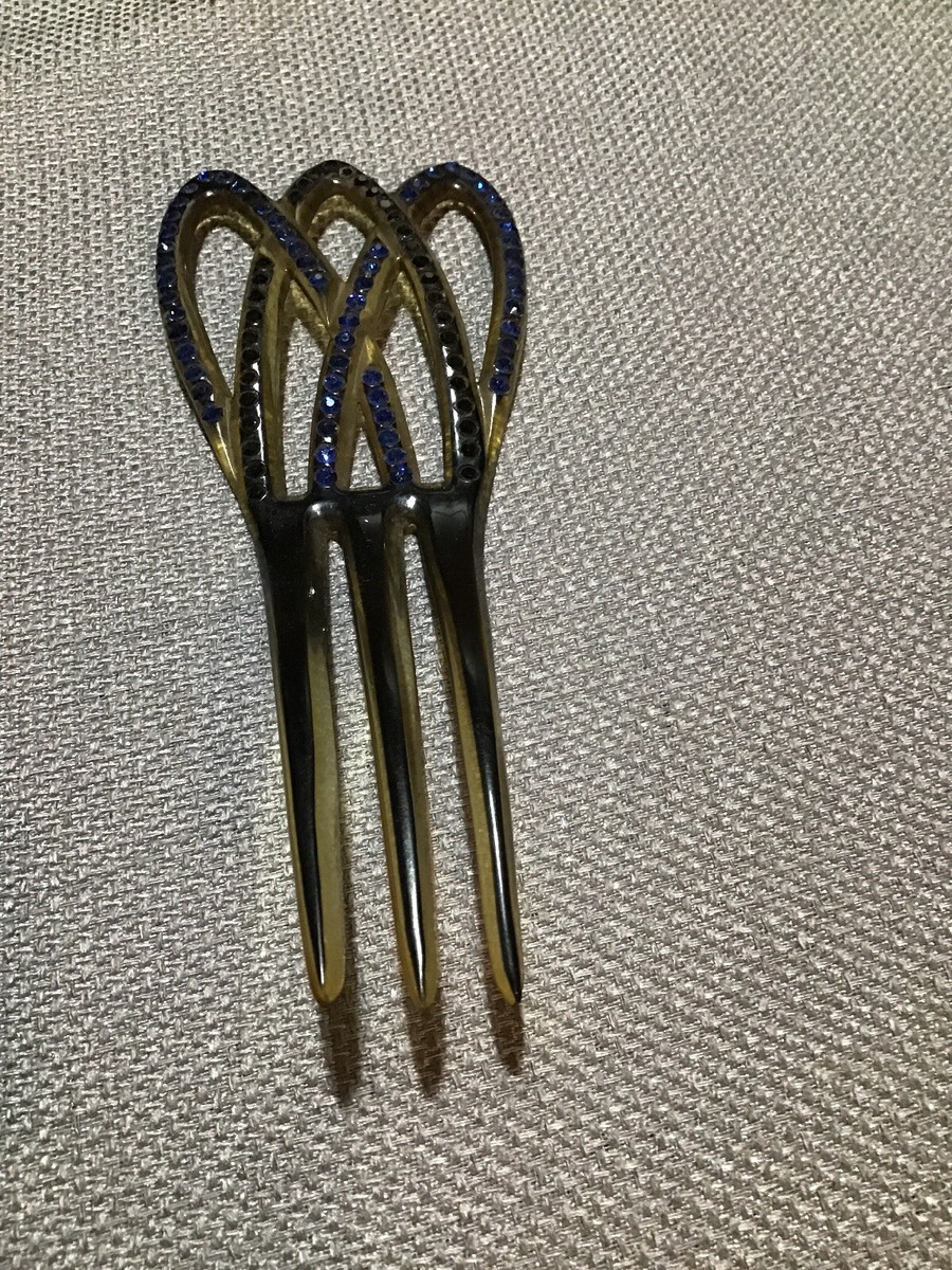 Hair Comb Art Deco Faux Tortoise Celluloid Blue Rhinestones  display picture 1