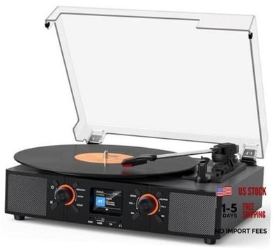 Vinyl Record Player with Built-in Speakers, 3-Speed Belt-Drive Grey & Black