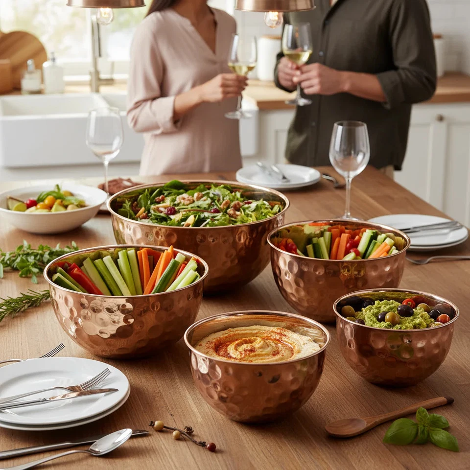 MegaChef Juego de 5 tazones de acero inoxidable con textura de burbuja martillada con Foto 2 de 4