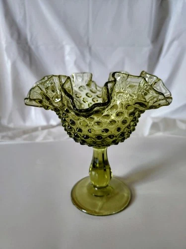 Vintage Fenton Hobnail Ruffled Crimped Compote Avocado Green Glass 6" MCM Retro