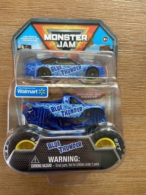 2 Pack Monster Jam SpinMaster BLUE THUNDER Monster Truck & Race Car  1/64 NIB