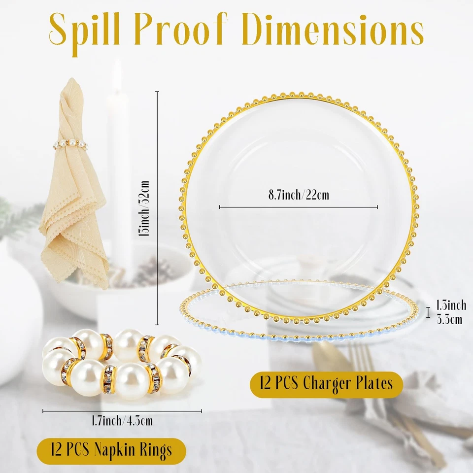 12 Set Clear Charger Plates with Napkin Rings 13 Inch Plastic Round Charger P... - Image 2 of 4