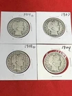 4) Barber Half Dollars 90% Silver, 1904o, 1907, 1904, And 1908d.