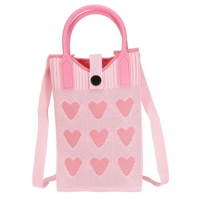 Knit Phone Crossbody Bag, Mini Crochet Handbag with Heart Pattern, Pink