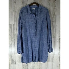 Garnet Hill Button Up Blue Chambray Tunic Size Large 100% Linen Side Slits