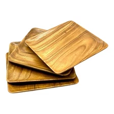 Wooden Plates Set of 4 – 12” Square Acacia Wood Dinner Plates & Wooden Charge...