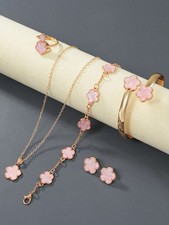 Pink Gold Clover Floral Jewelry Set - Necklace, Bracelet, Ring, Earrings