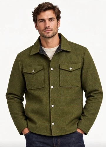 Olive Green Tweed Shirt Jacket Mens Wool Blend Button Front Utility Style