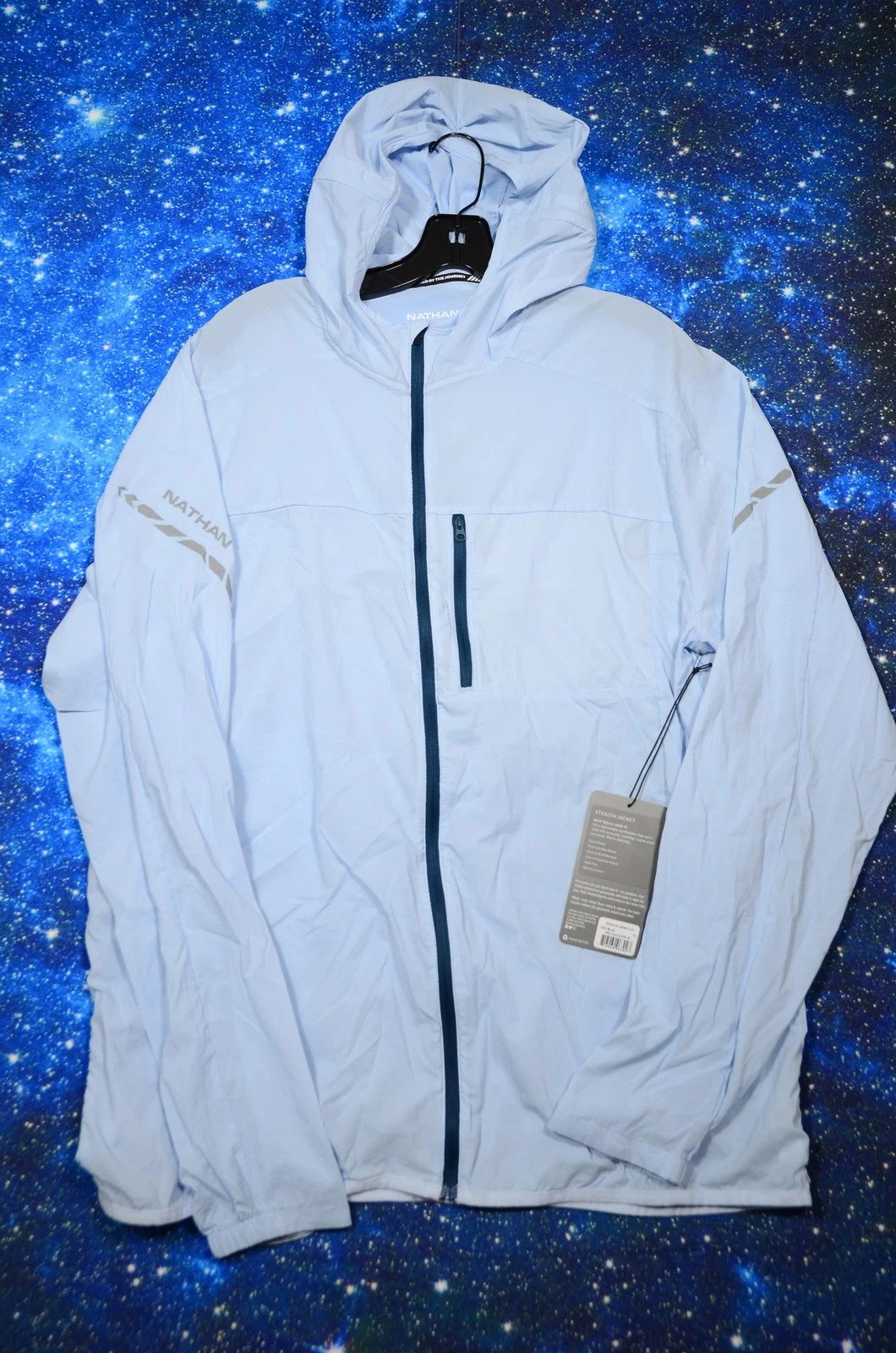 Nathan Stealth Jacket 2.0 Mens XL Blue Hooded Running Windbreaker Lightweight