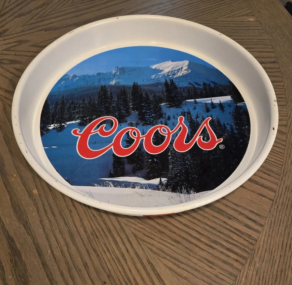 Vintage 1982 Coors Beer 13" Round Metal Serving Tray W Lip Rocky Mountain Scene  - Image 2 of 4