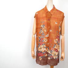 Vintage Kenzo Jungle Women Orange Floral Button Up Sleeveless Blouse Tunic Top M