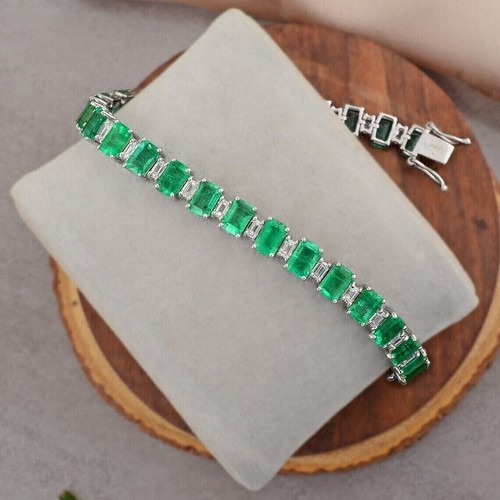 15Ct Emerald Cut Lab Created Green Emerald Tennis Bracelet 14K White Gold Plated - Picture 2 of 7