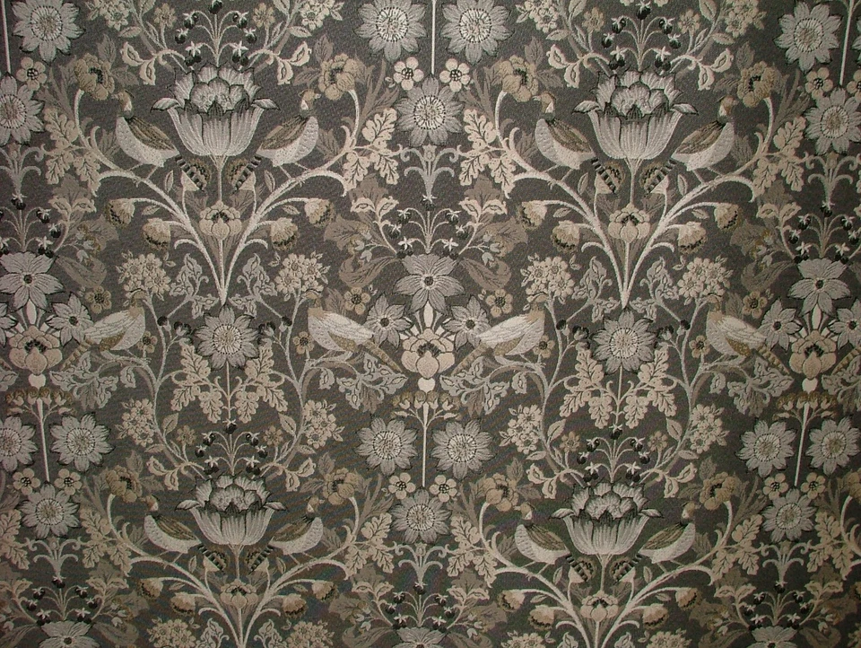 Morris Bird Charcoal Jacquard Fabric Ideal For Curtain Upholstery Cushion Throws - Image 2 of 4