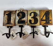 4 Piece Rustic Numbered Coat Hook Set Wood  Metal Wall Mount Rack