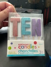 Amscan "Ten" 10th Birthday Glitter Letter Candles 3ct. Cake Topper New!!!
