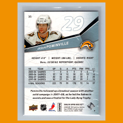 Jason Pominville #35 2008 Upper Deck Ice Buffalo Sabres Hockey Card NHL NM - Picture 2 of 3
