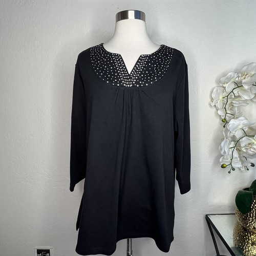 Quacker Factory Sparkle Ruched Split V-Neck Black T-Shirt - XL