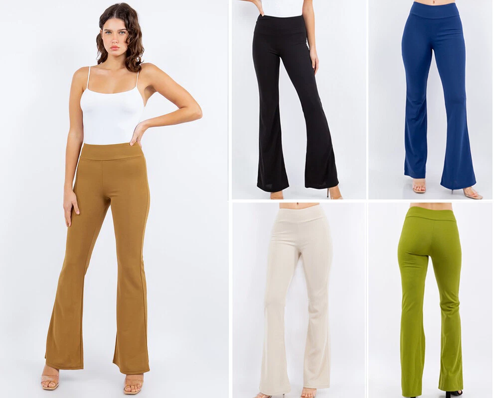 Women's Solid Colored Flare Leg Stretchy Pull On High Waist Texture Crepe  Pants