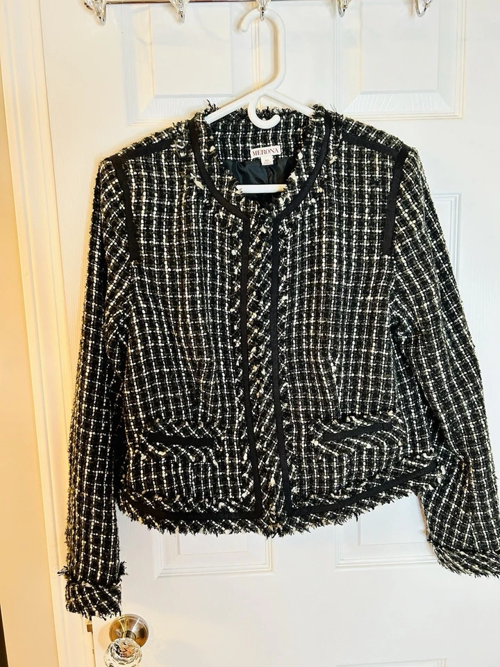 Blazer/Topper Merona Para Mujer Vintage Negro Blanco Tweed XL Forrado con Gancho y Ojos Foto 2 de 3
