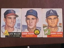 1953 Topps Baseball Stu Miller, Eddie Kazak, Harry Byrd VG, Creases Miller Card