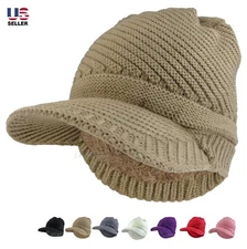 Unisex Cable Knit Bill Visor Brim Winter Hat Beanie Thick Fur Lined Mens Womens