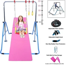 Jungle Kids Monkey Horizontal Kip Bar Blue + 6' Gymnastic Mat + Swing & Trapeze 