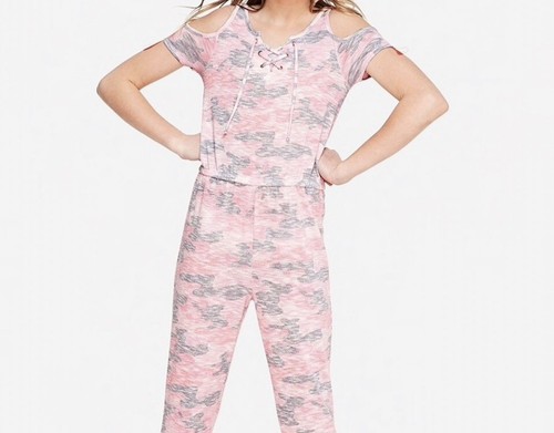 Original Justice Girl's Size 8 Pink Camouflage Cold Shoulder Lace Up Romper