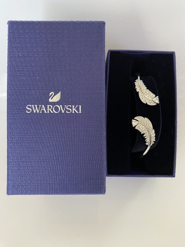 Swarovski Rhodium Plated Silver CZ Feather Hinged Bangle NEW IN BOX RRP $229
