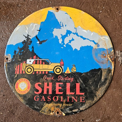 #ad VINTAGE QUICK SHELL ENDURING POWE US GASOLINE OIL GAS PUMP ENAMEL PORCELAIN SIGN $149.99