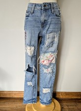 Upcycled Embellished Distressed Denim Boyfriend - Straight Jeans Sz 0/25