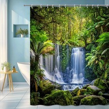 Waterfall Shower Curtain with Lush Greenery Design