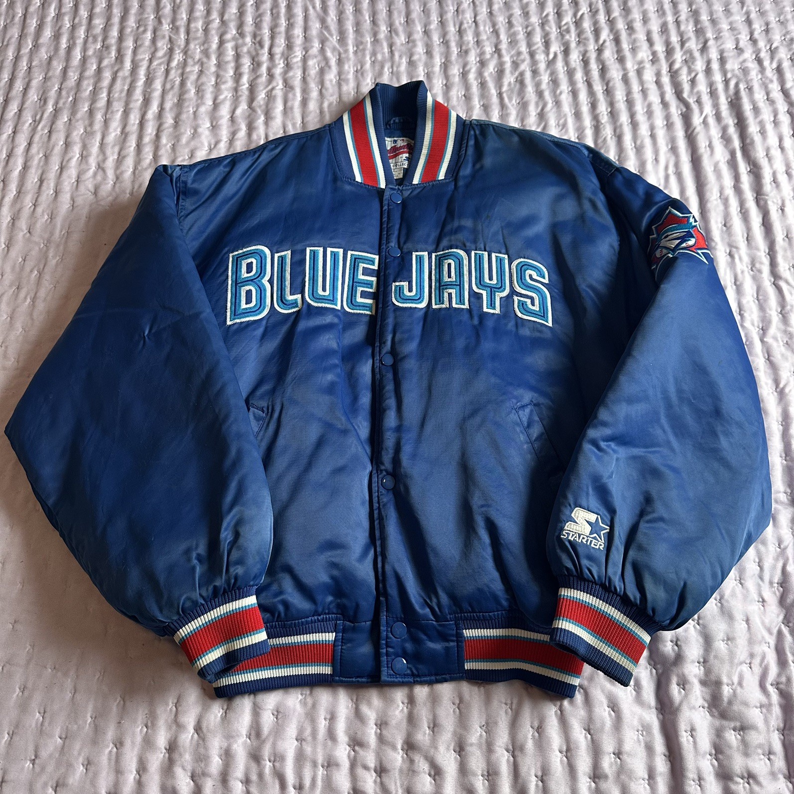 VTG 90s MLB TORONTO BLUE JAYS STARTER SATIN BOMBER JACKET SIZE M BLUE