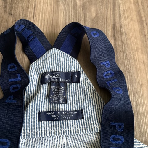 Vintage Polo Ralph Lauren Overalls Baby Boys Size 7 Blue Denim Casual Pinstripe - Picture 5 of 8