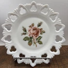 Vintage Kemple Floral Milk Glass Decorative Plate Pink Rose  Buds